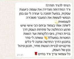 תמונה של טקסט בעברית עם כותרת מודגשת ומסך צילום של הודעת WhatsApp מתחתיה, העוסקת בהדרכה עסקית ובביטחון עצמי.