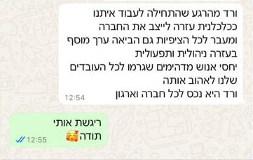 גרפיקה בטקסט עברי העוסקת ברגשות, המציגה חילופי הודעות WhatsApp עם אימוג'י של לב ומתייחסת ליחסים בינאישיים ולא ליחסים מקצועיים.