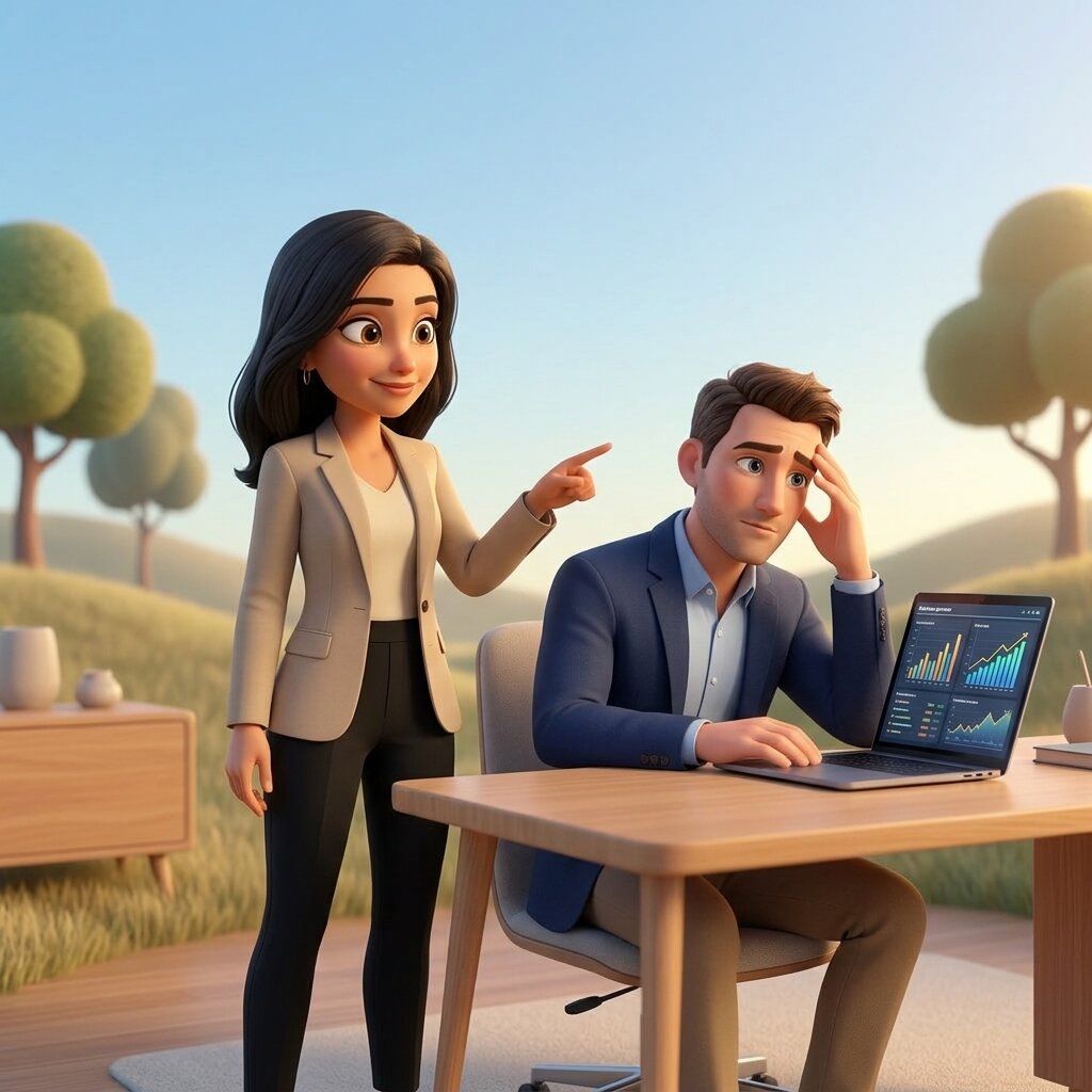 אישה עומדת לצד גבר היושב ליד שולחן עם מחשב נייד שעליו מוצגים גרפים; היא מצביעה בעוד שהוא נראה לחוץ, דבר המשקף את האתגרים הכרוכים בניהול החלטות כלכליות, והכל על רקע נוף חיצוני.